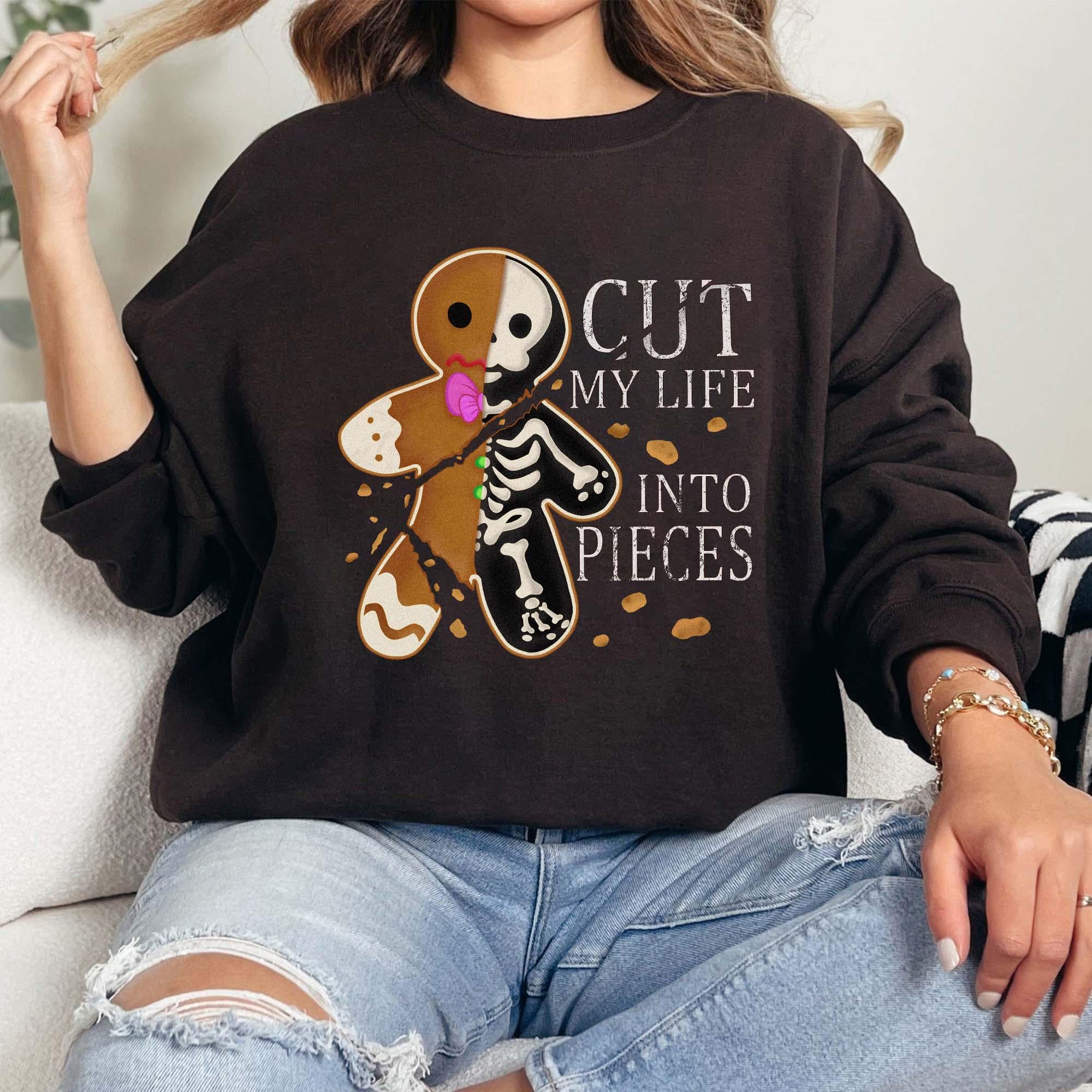 Cut My Life Into Pieces Gingerbread Christmas Sweatshirt – Elder Emo Christmas Shirt – Goth Black Aesthetic Creepmas Sweater