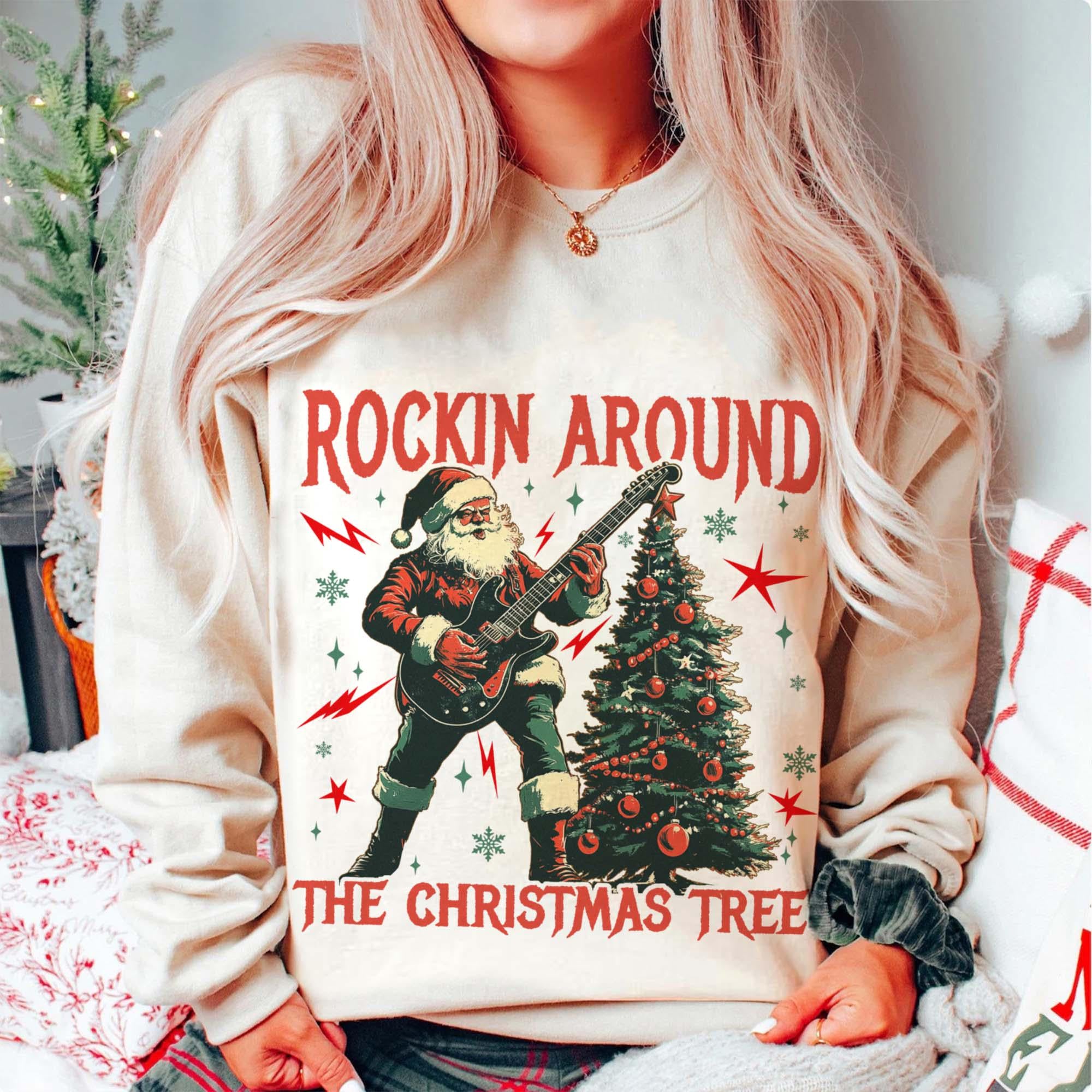 Rockin Around the Christmas Tree Sweatshirt – Retro Santa Rock Music Shirt – Electric Guitar Biker Christmas Sweater