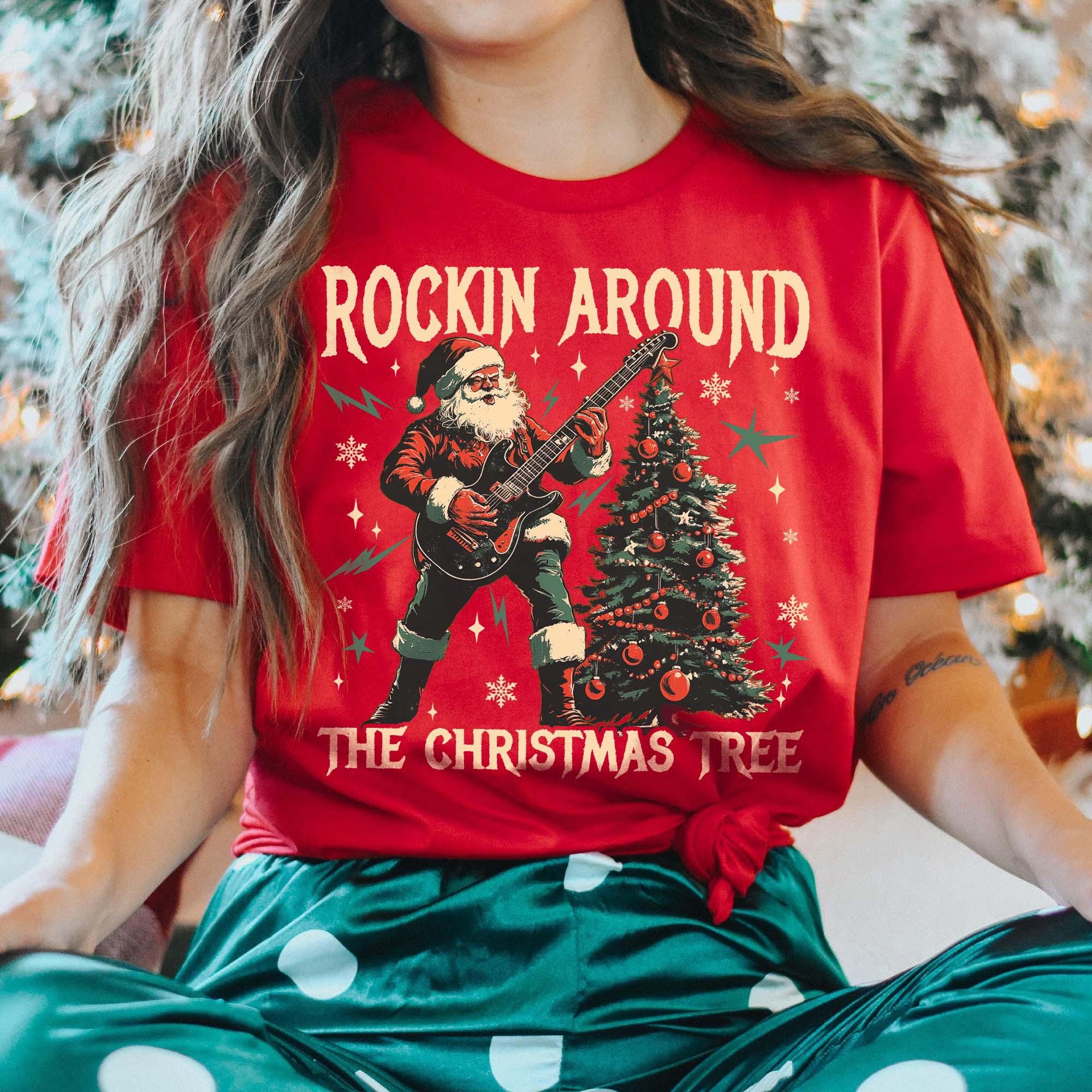 Rockin Around the Christmas Tree Sweatshirt – Retro Santa Rock Music Shirt – Electric Guitar Biker Christmas Sweater